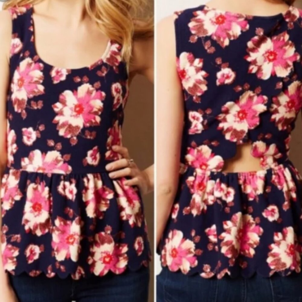 Anthropologie Postmark Floral Cutout Peplum Sleeveless Blouse, X-Small